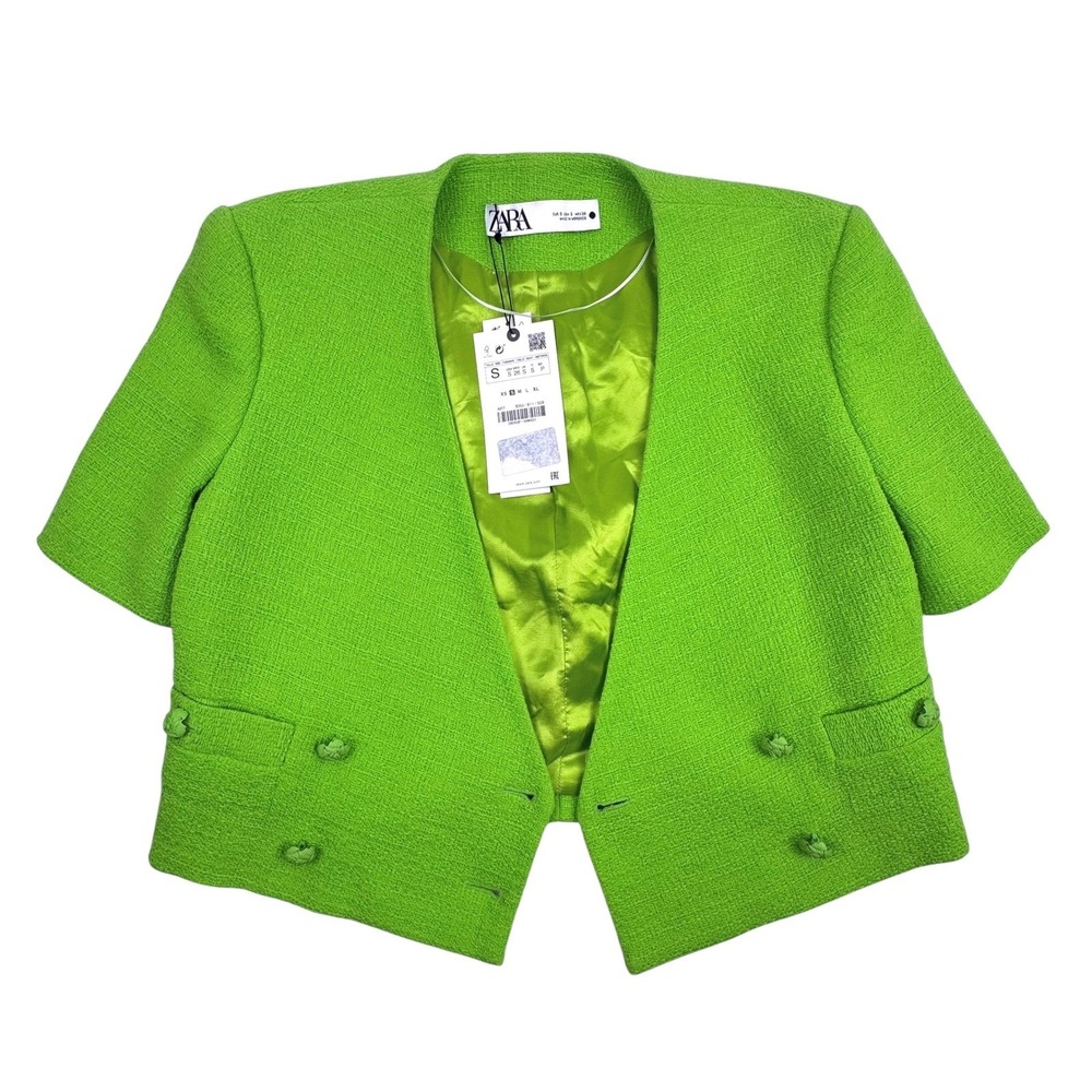 NEW Zara Cropped Blazer S Lime Green Tweed Short Sleeve Double Breasted Academia